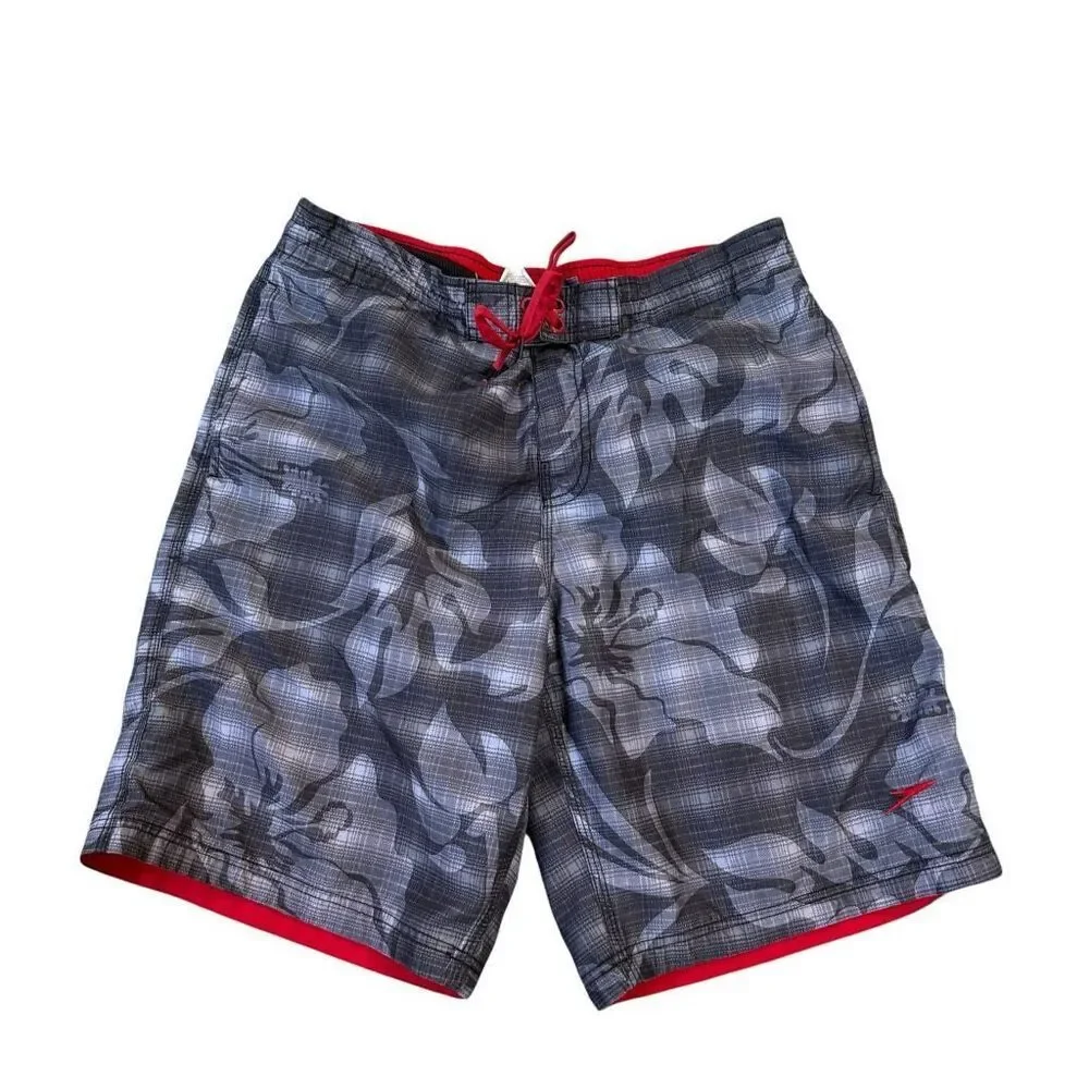 Speedo Swimwear Mens gray floral Plaid Trunks Pocket Stretch Pull On Lining Sz M